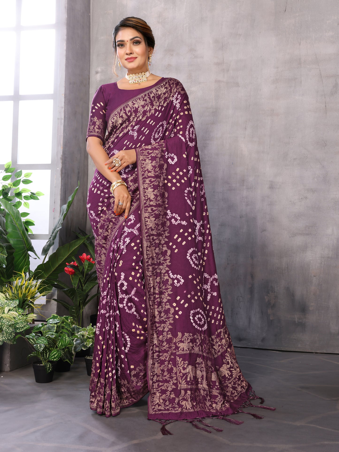 Wine Bandhej Bandhani Misco Gaji Elephant Deer Bandhani Saree