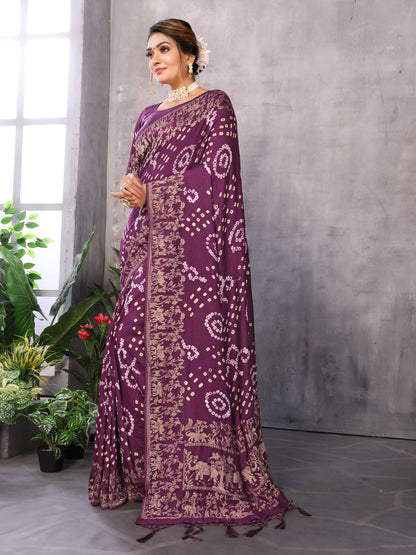 Wine Bandhej Bandhani Misco Gaji Elephant Deer Bandhani Saree