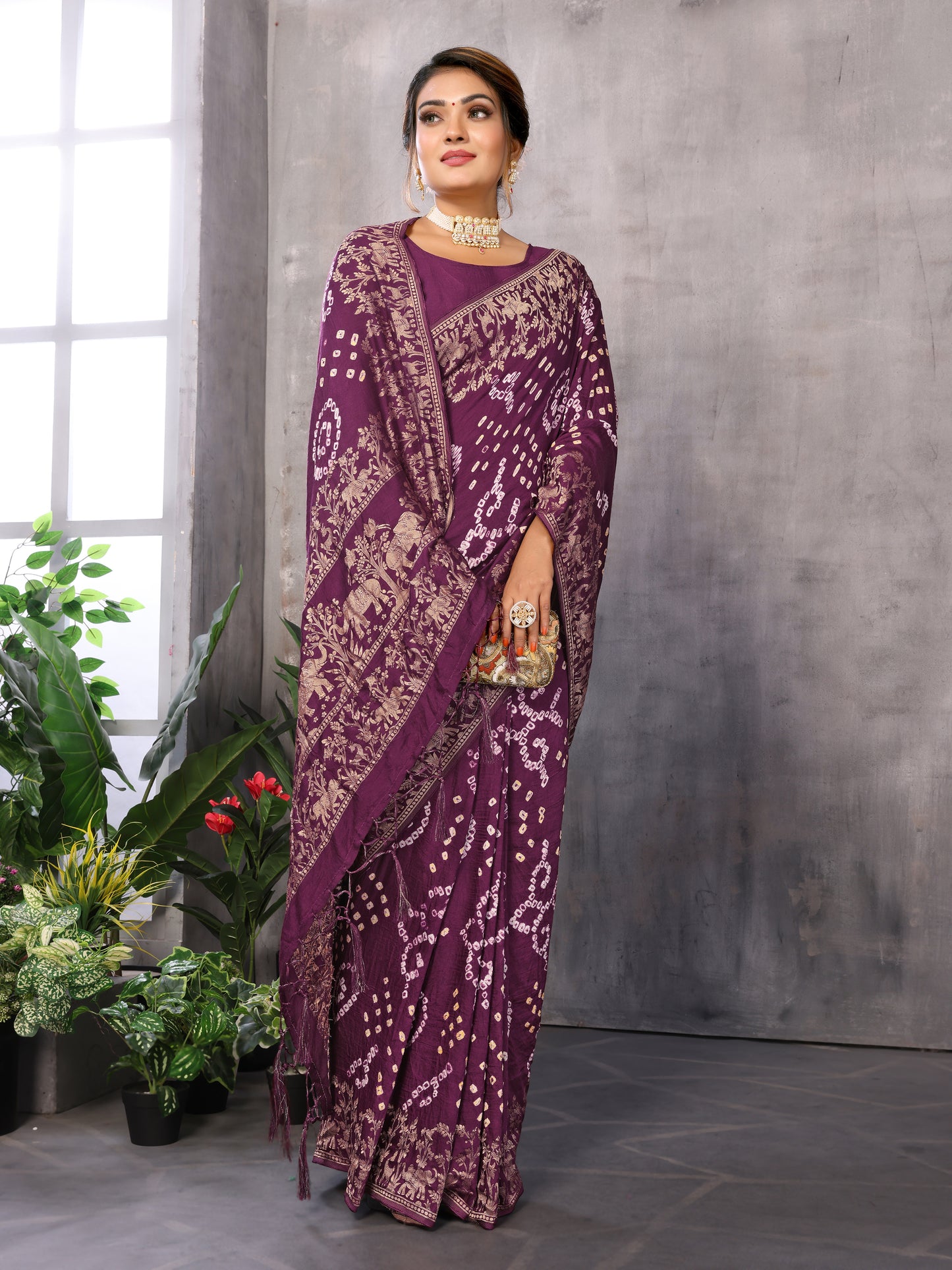 Wine Bandhej Bandhani Misco Gaji Elephant Deer Bandhani Saree