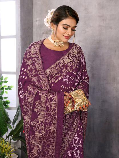 Wine Bandhej Bandhani Misco Gaji Elephant Deer Bandhani Saree