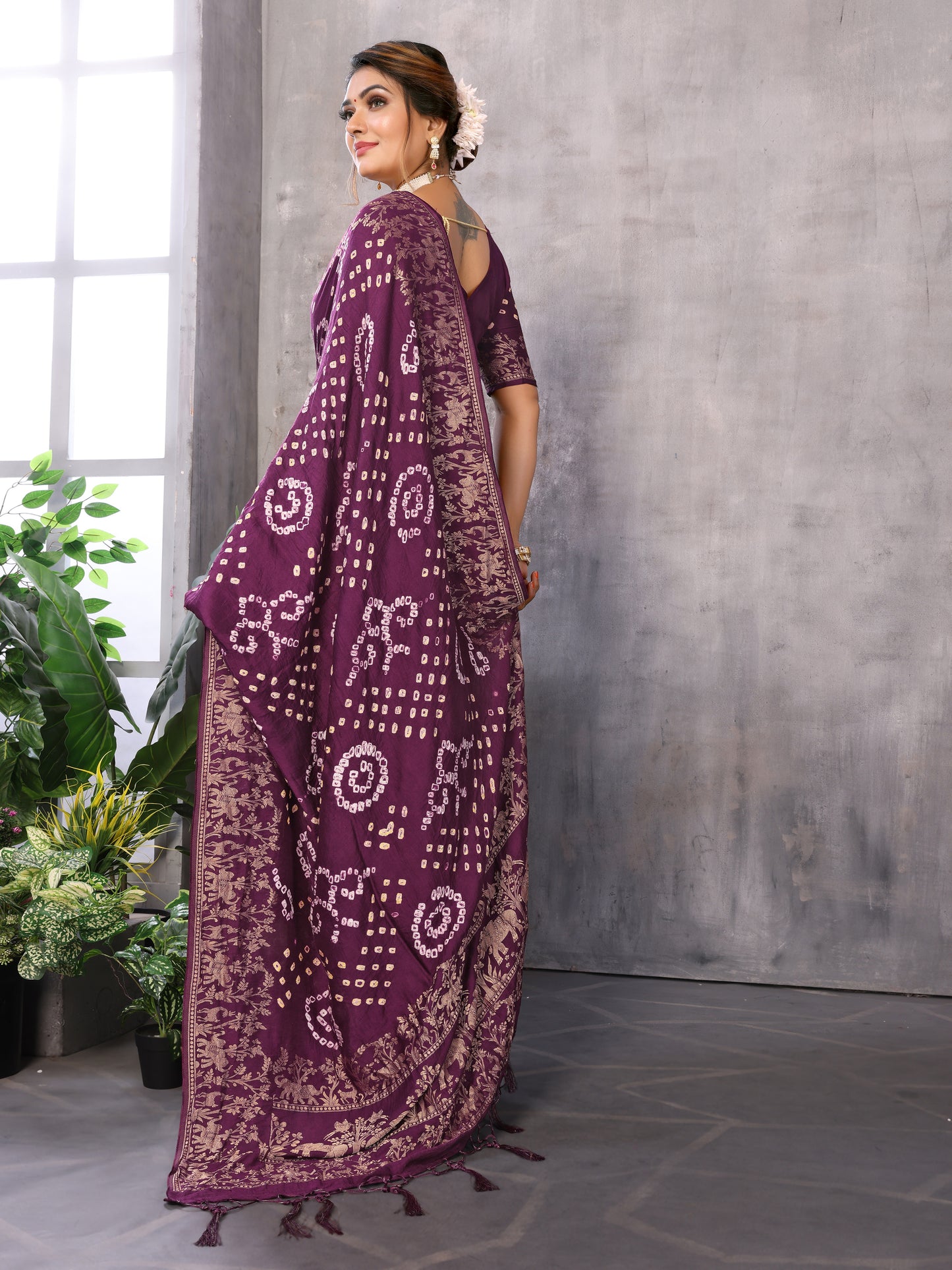 Wine Bandhej Bandhani Misco Gaji Elephant Deer Bandhani Saree