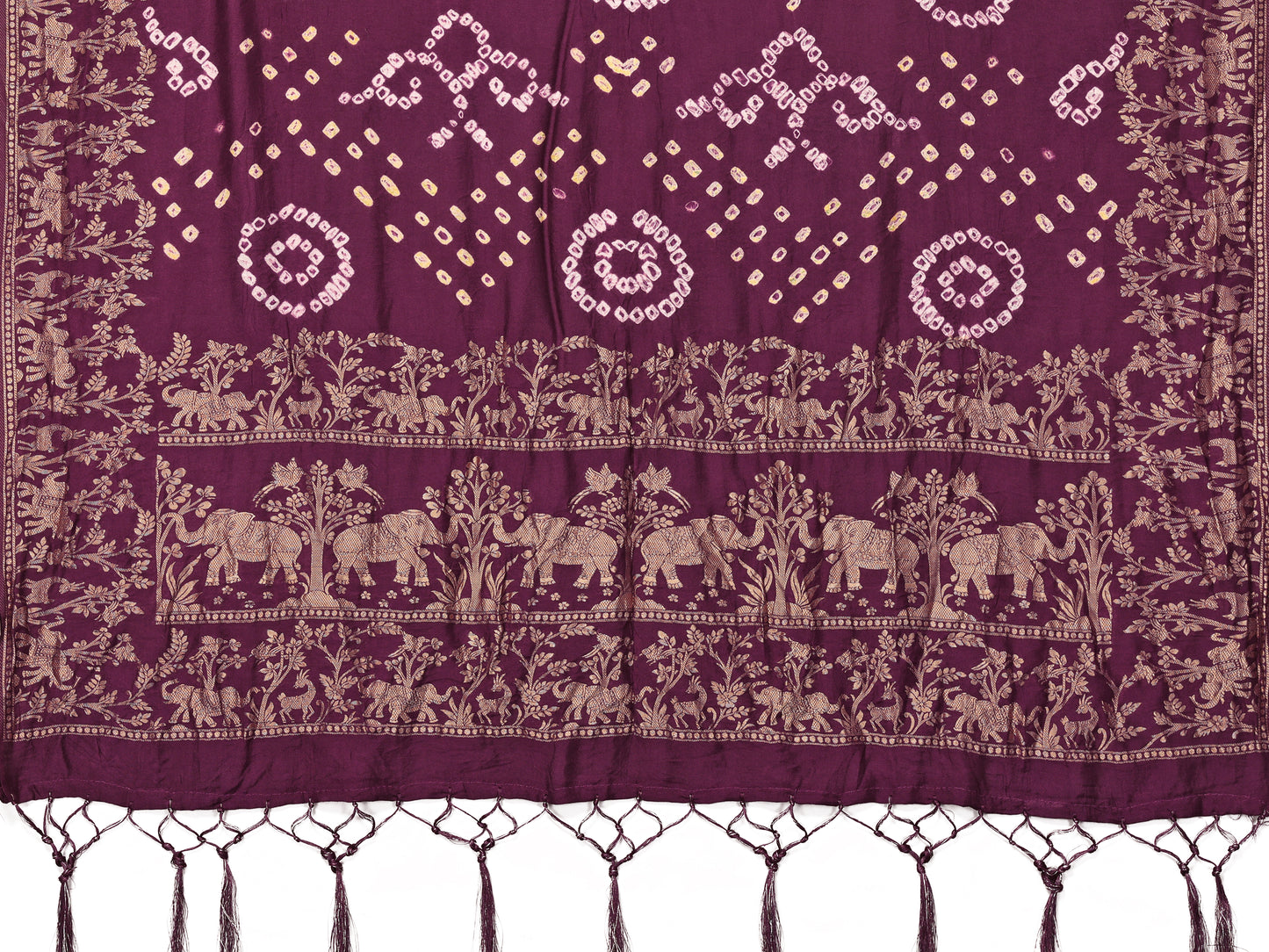 Wine Bandhej Bandhani Misco Gaji Elephant Deer Bandhani Saree