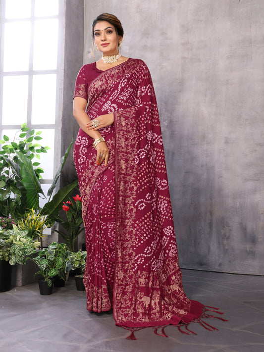 Maroon Bandhej Bandhani Misco Gaji Elephant Deer Bandhani Saree