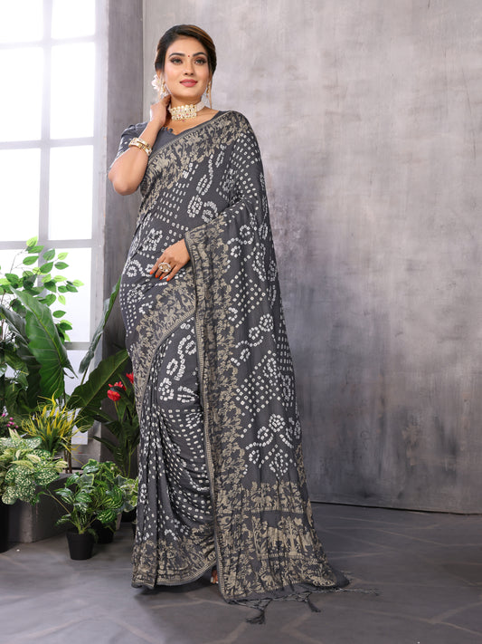 Grey Bandhej Bandhani Misco Gaji Elephant Deer Bandhani Saree