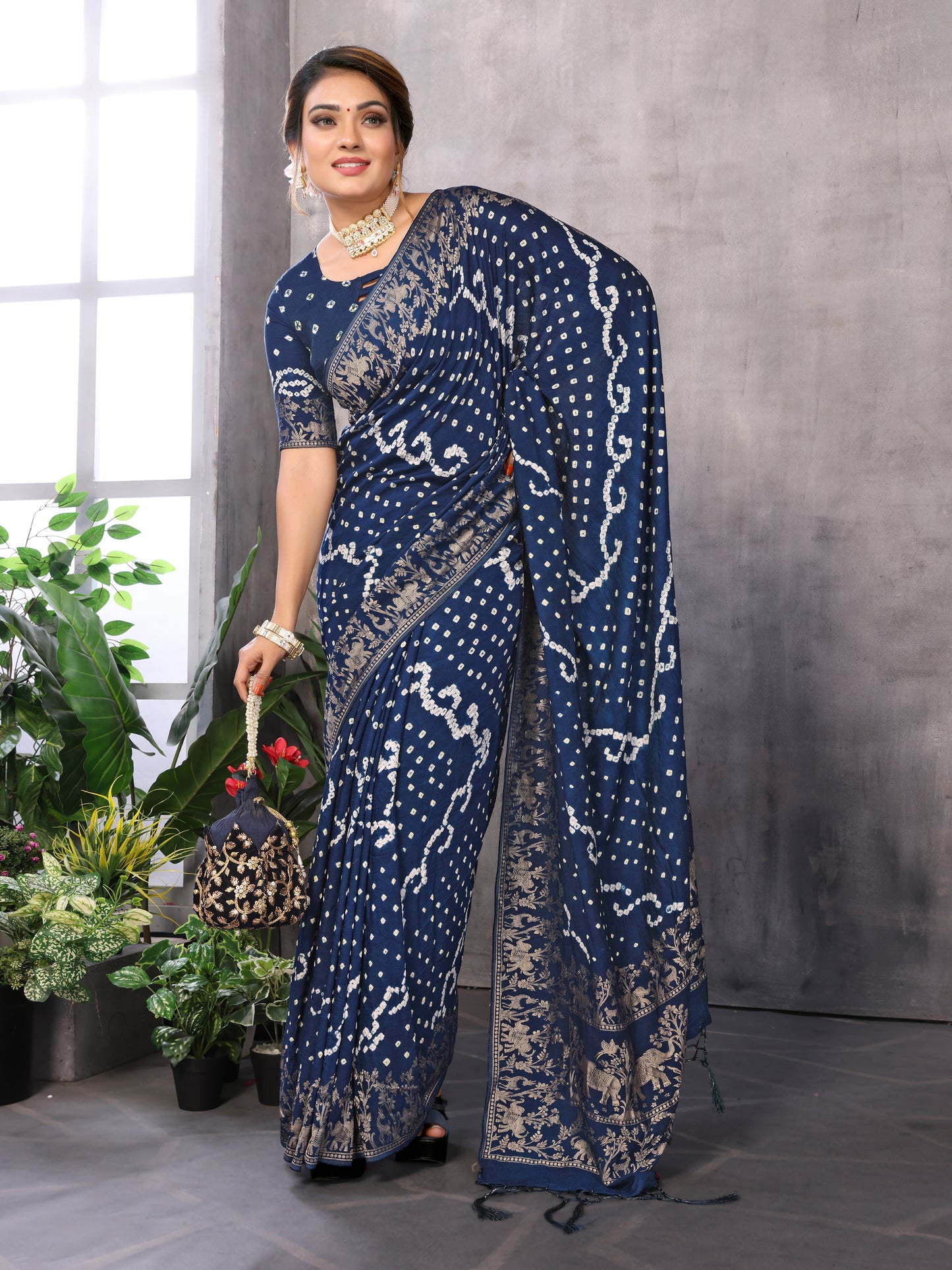 Indigo Blue Bandhej Bandhani Misco Gaji Elephant Deer Bandhani Saree