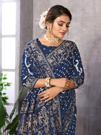 Indigo Blue Bandhej Bandhani Misco Gaji Elephant Deer Bandhani Saree