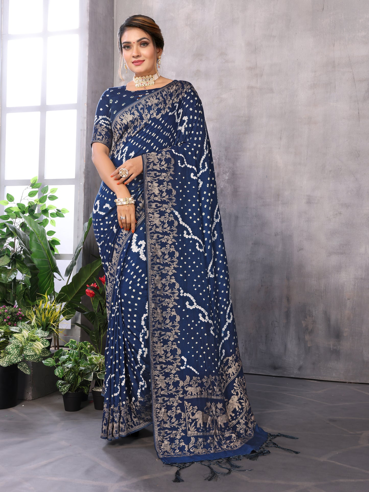 Indigo Blue Bandhej Bandhani Misco Gaji Elephant Deer Bandhani Saree