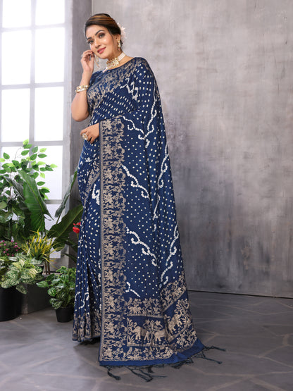 Indigo Blue Bandhej Bandhani Misco Gaji Elephant Deer Bandhani Saree