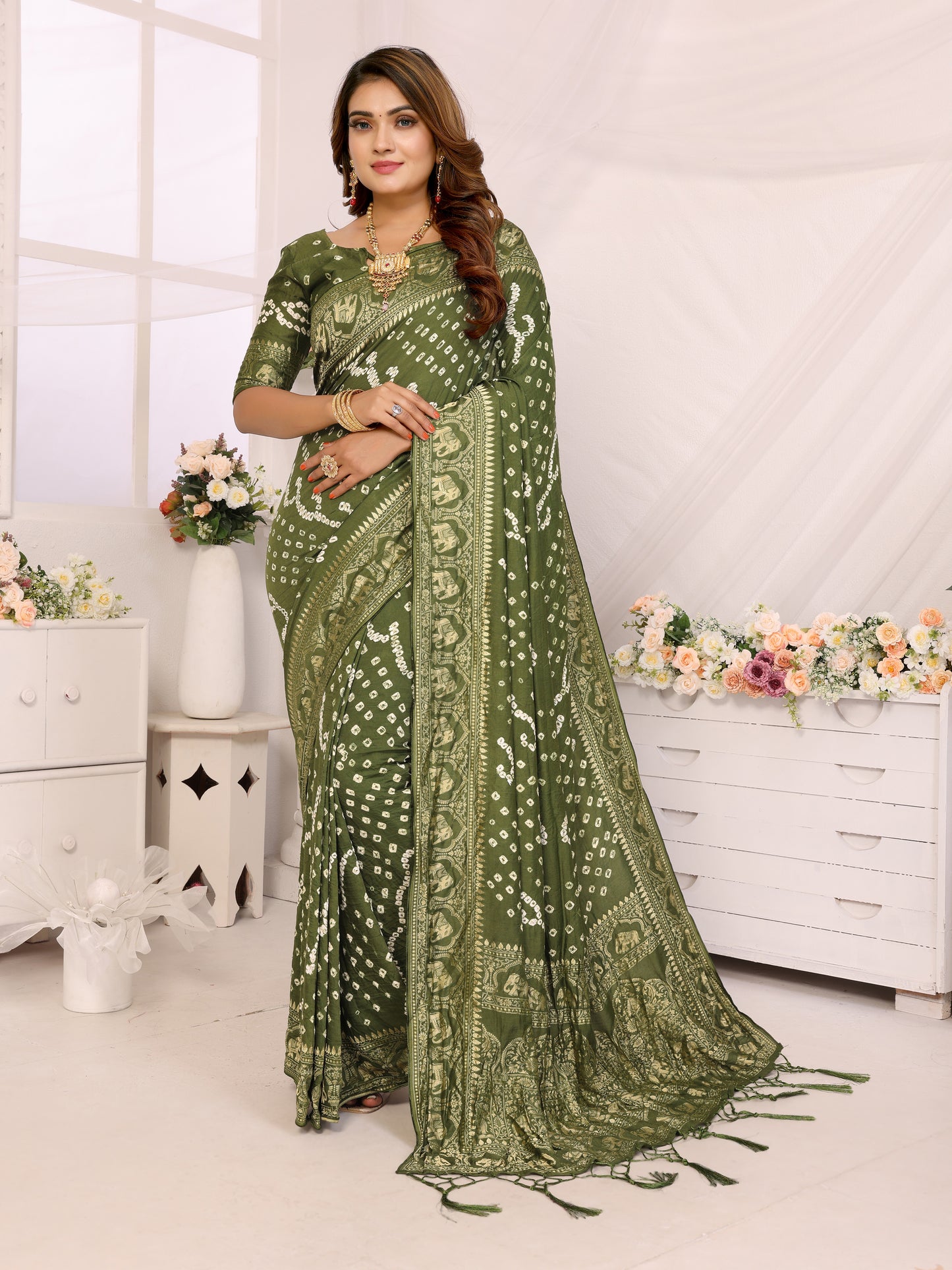 Green Bandhej Bandhani Misco Gaji Elephant Bandhani Saree