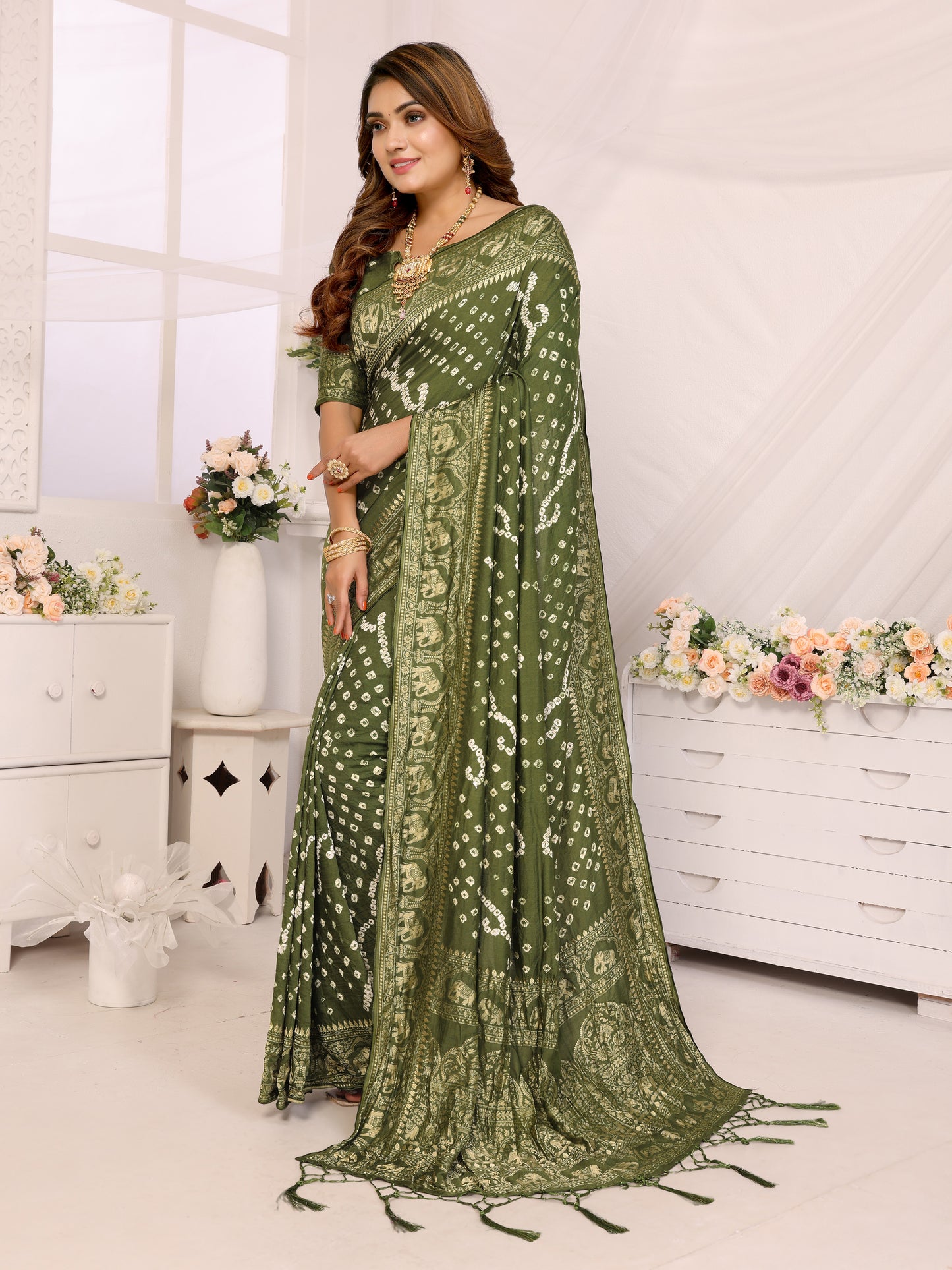 Green Bandhej Bandhani Misco Gaji Elephant Bandhani Saree