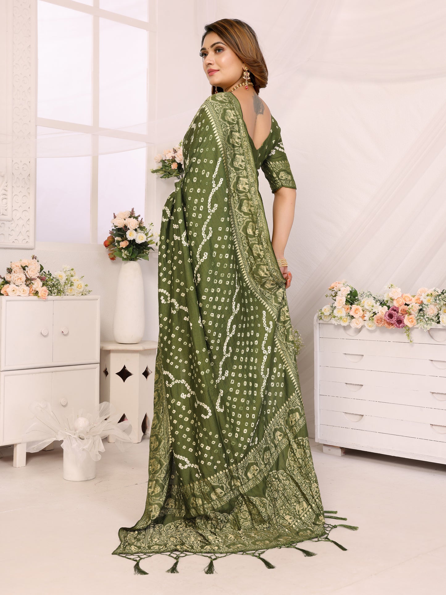 Green Bandhej Bandhani Misco Gaji Elephant Bandhani Saree