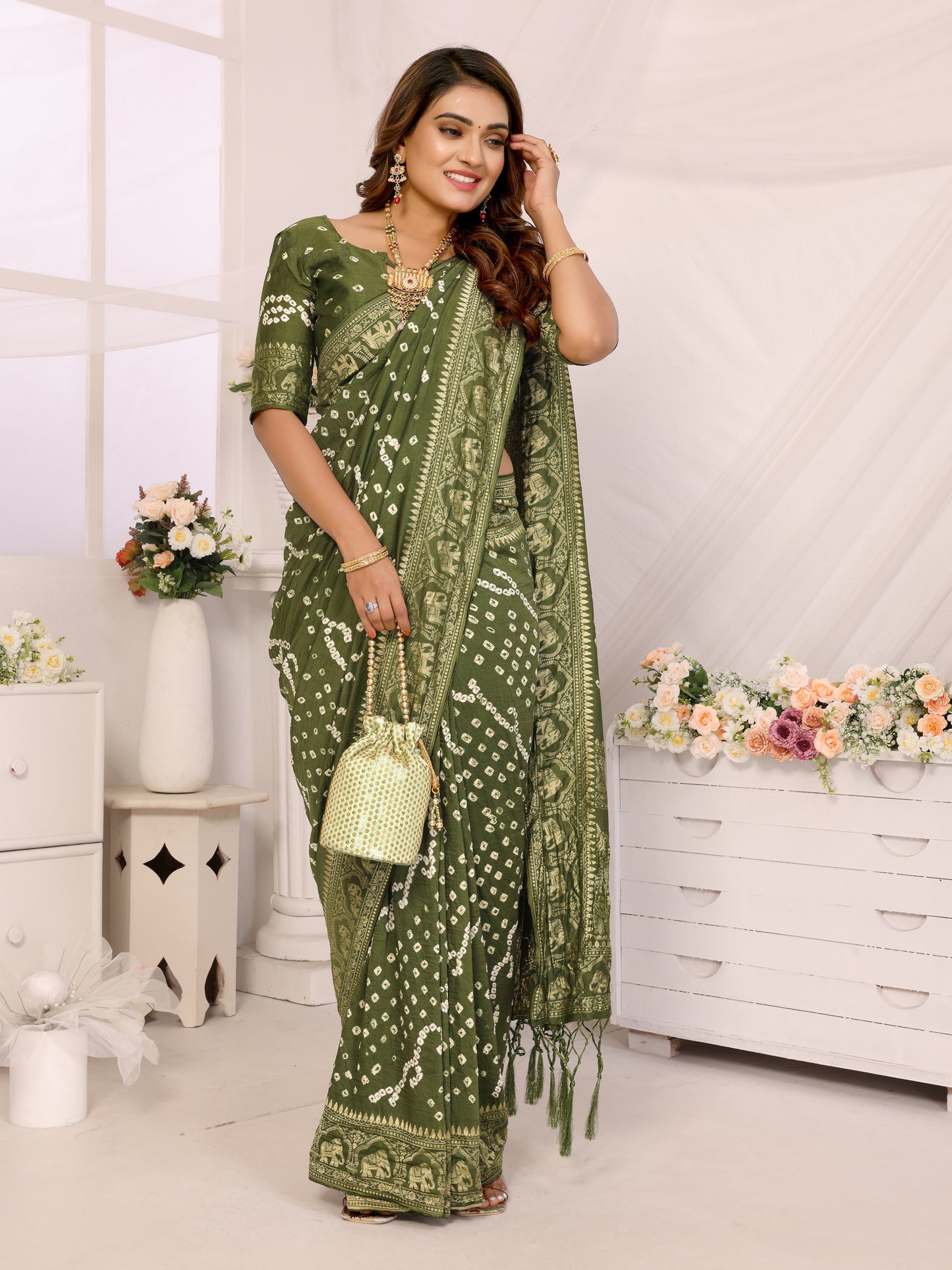 Green Bandhej Bandhani Misco Gaji Elephant Bandhani Saree