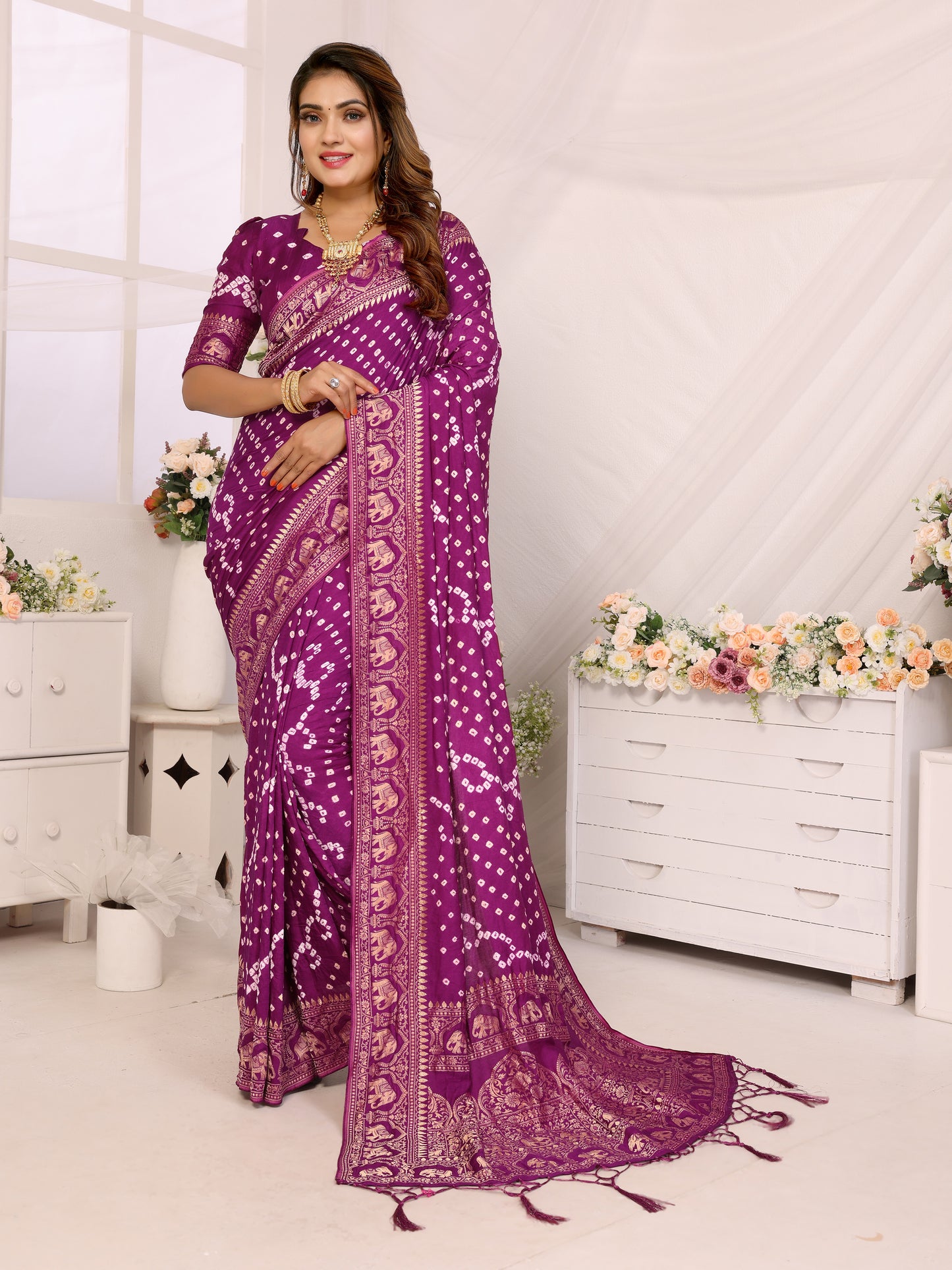 Purple Bandhej Bandhani Misco Gaji Elephant Bandhani Saree