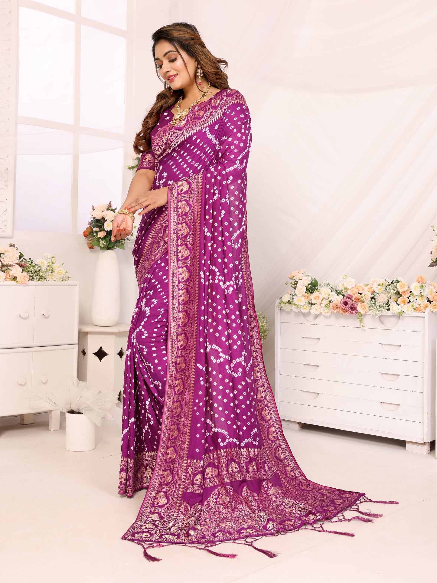 Purple Bandhej Bandhani Misco Gaji Elephant Bandhani Saree