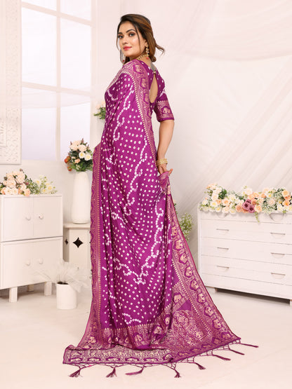 Purple Bandhej Bandhani Misco Gaji Elephant Bandhani Saree