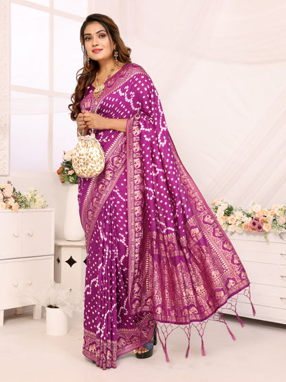 Purple Bandhej Bandhani Misco Gaji Elephant Bandhani Saree