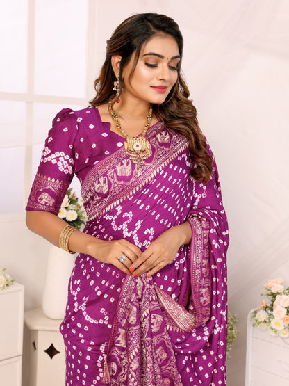 Purple Bandhej Bandhani Misco Gaji Elephant Bandhani Saree