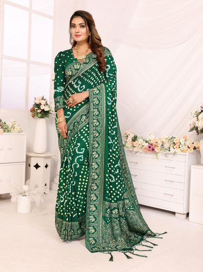 Cyan Green Bandhej Bandhani Misco Gaji Elephant Bandhani Saree