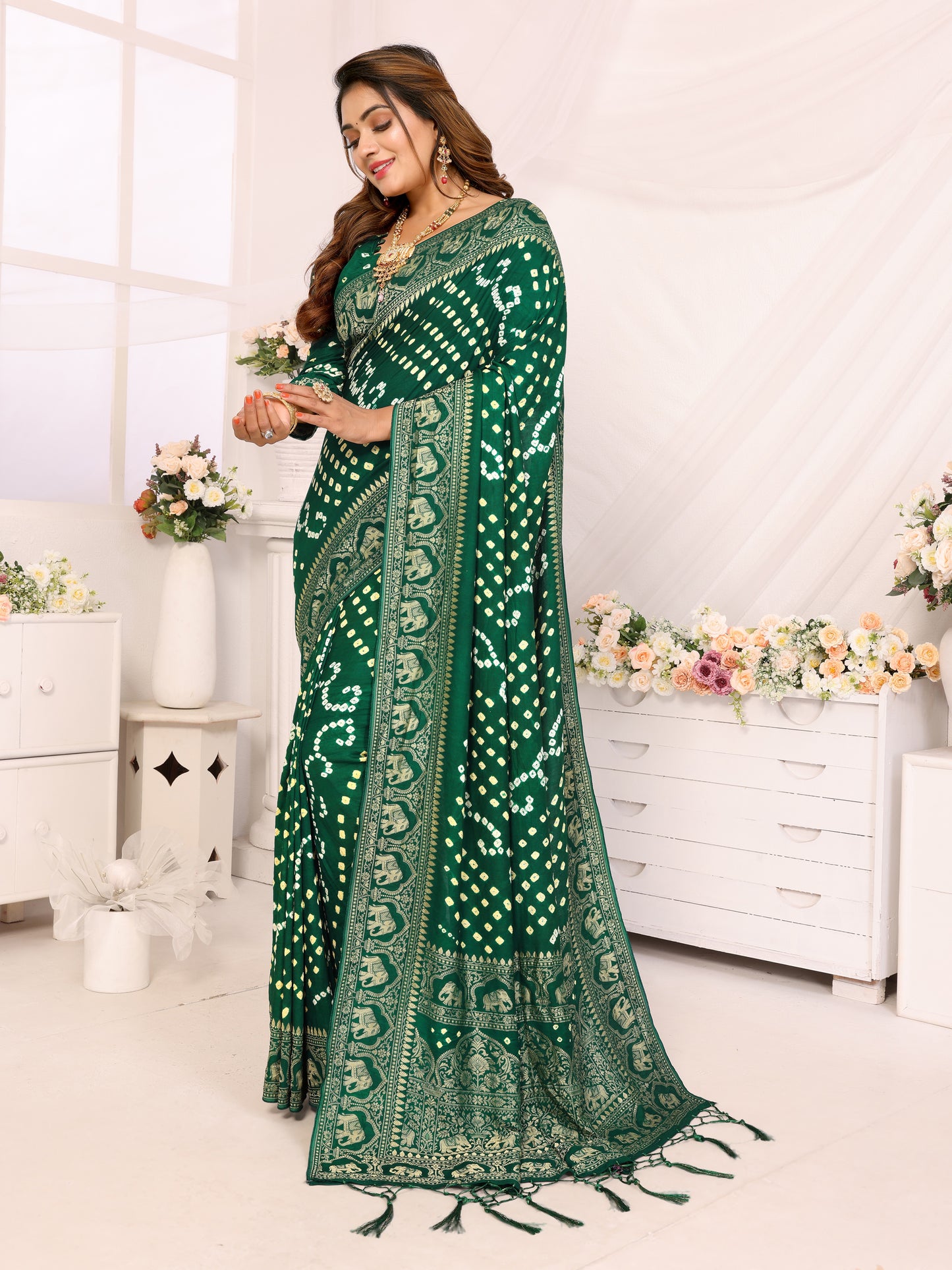 Cyan Green Bandhej Bandhani Misco Gaji Elephant Bandhani Saree