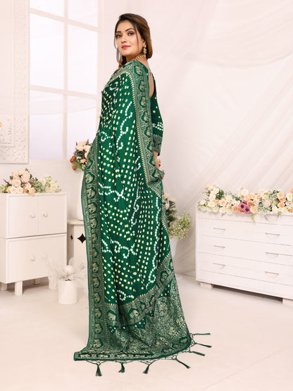 Cyan Green Bandhej Bandhani Misco Gaji Elephant Bandhani Saree