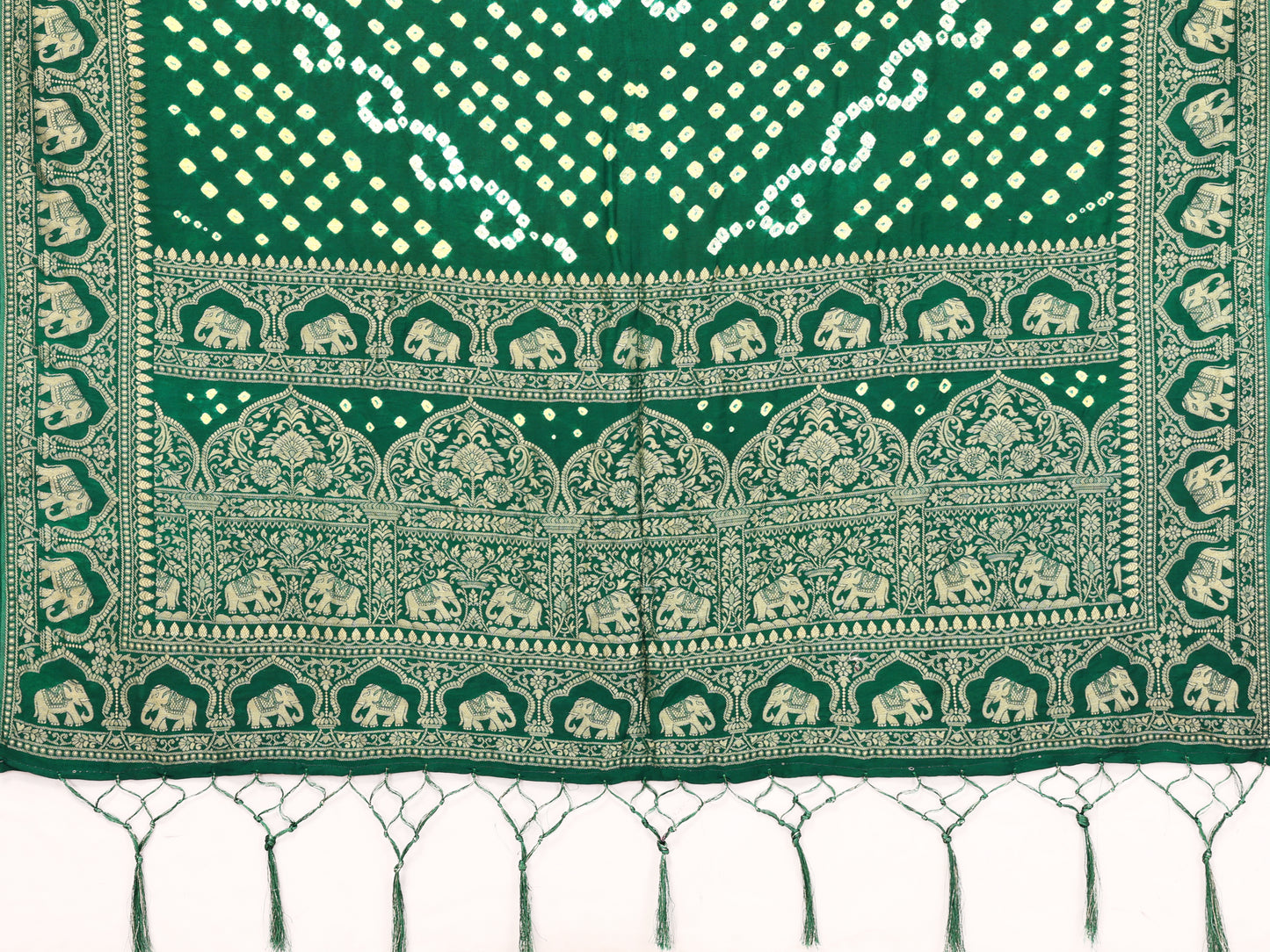 Cyan Green Bandhej Bandhani Misco Gaji Elephant Bandhani Saree