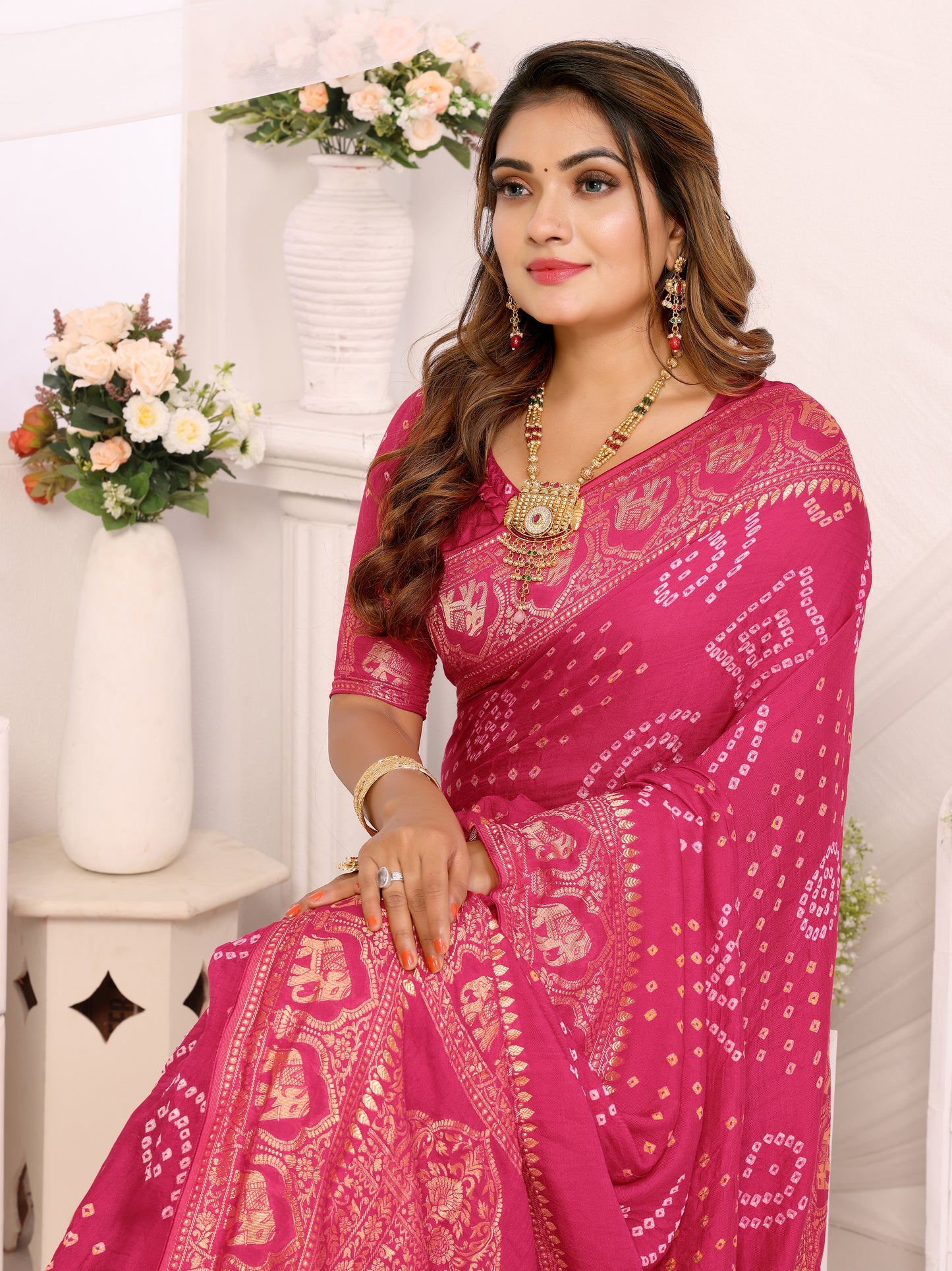 Pink Bandhej Bandhani Misco Gaji Elephant Bandhani Saree