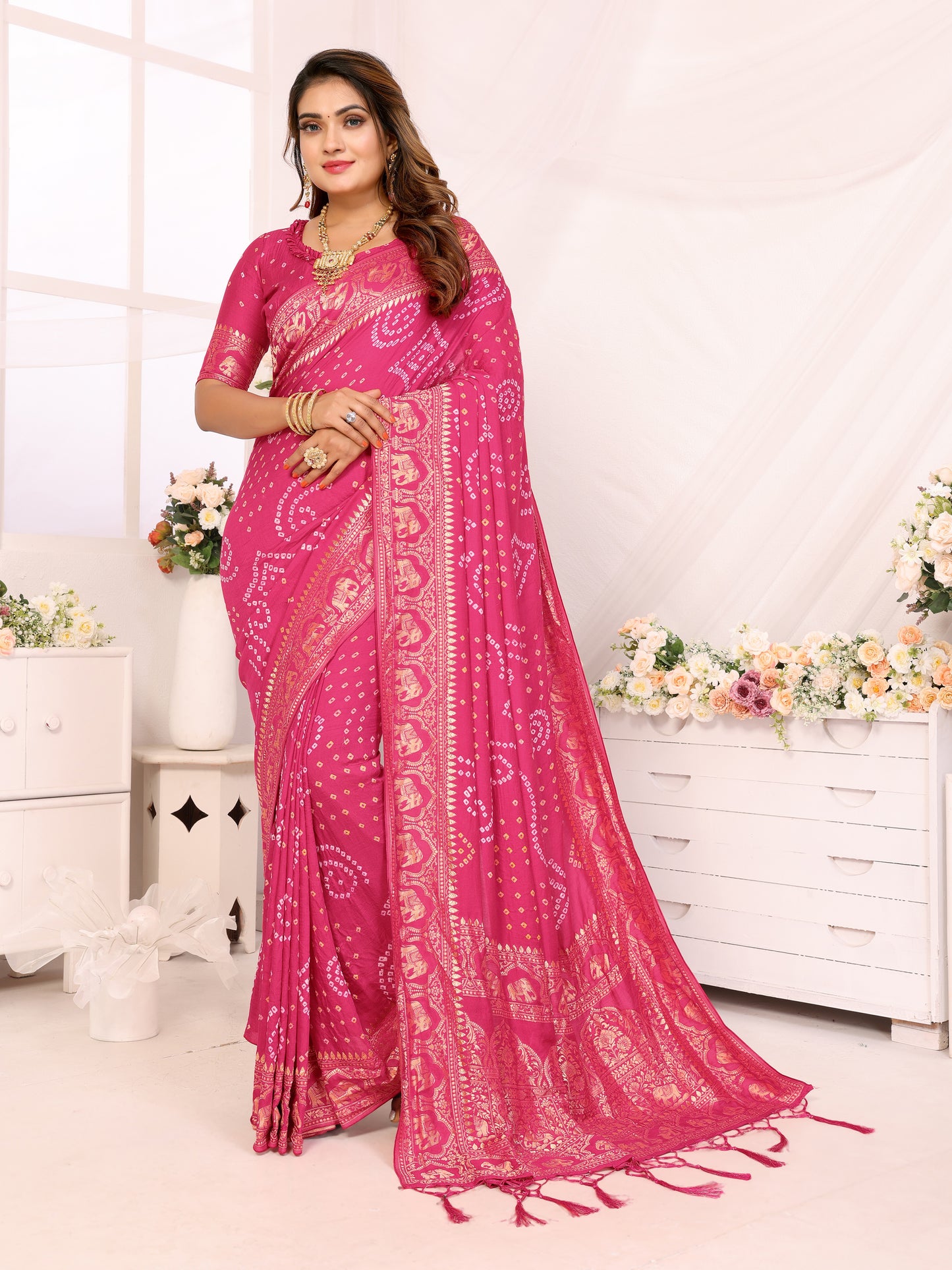 Pink Bandhej Bandhani Misco Gaji Elephant Bandhani Saree