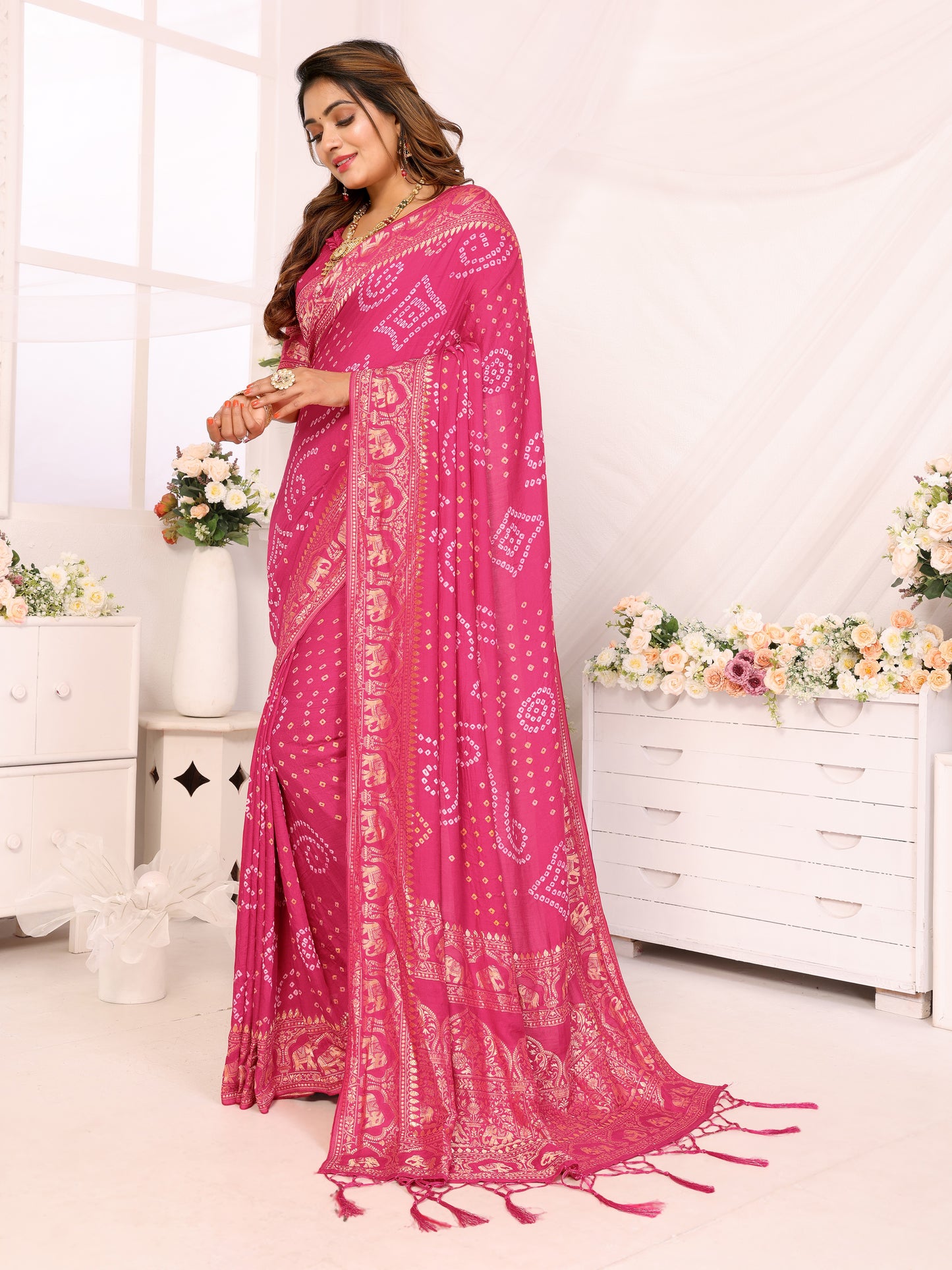 Pink Bandhej Bandhani Misco Gaji Elephant Bandhani Saree