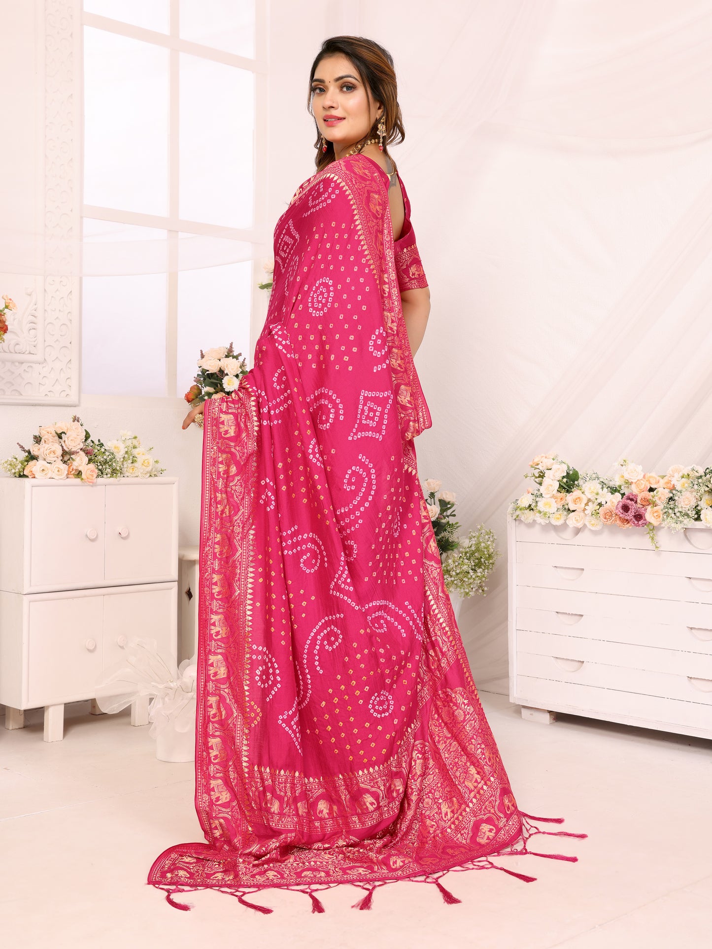 Pink Bandhej Bandhani Misco Gaji Elephant Bandhani Saree