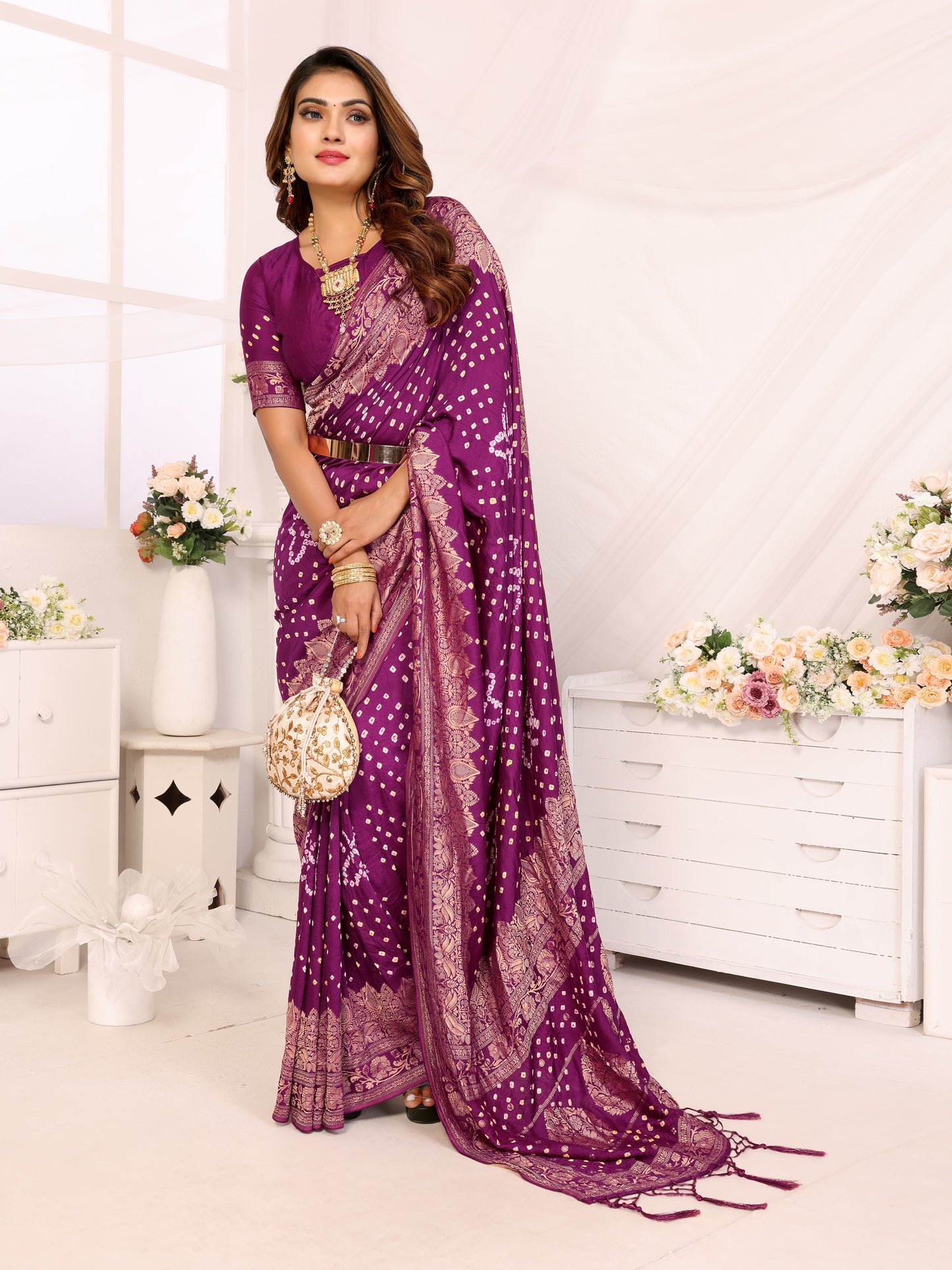 Purple Bandhej Bandhani Misco Gaji Bandhani Saree