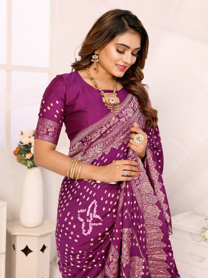 Purple Bandhej Bandhani Misco Gaji Bandhani Saree