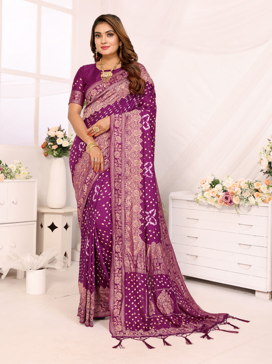 Purple Bandhej Bandhani Misco Gaji Bandhani Saree