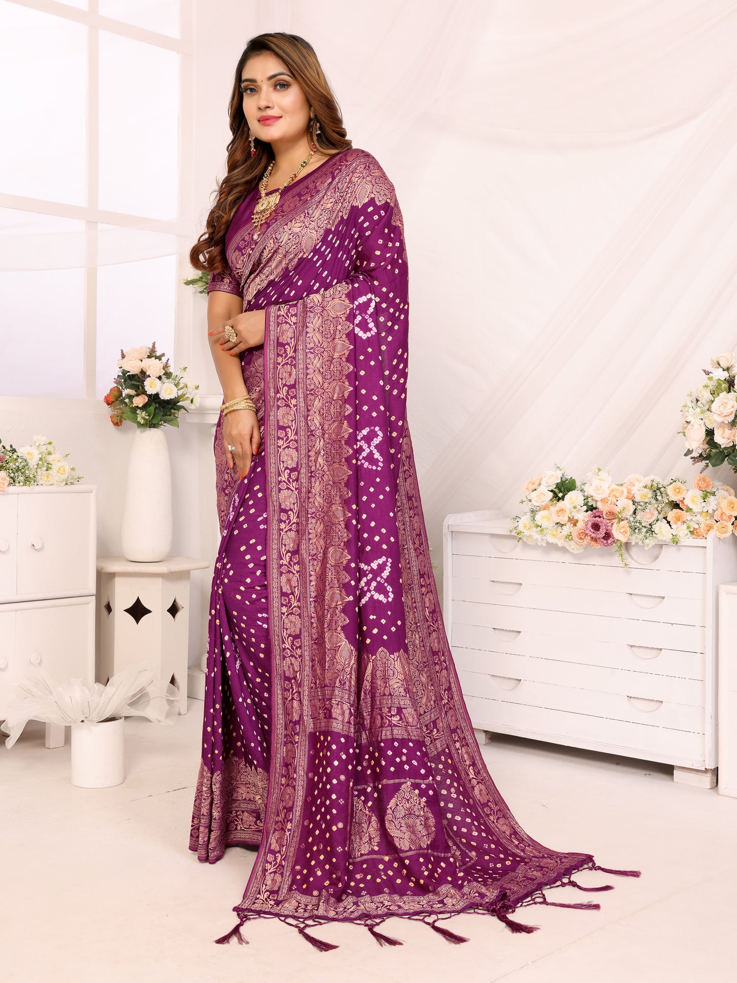 Purple Bandhej Bandhani Misco Gaji Bandhani Saree