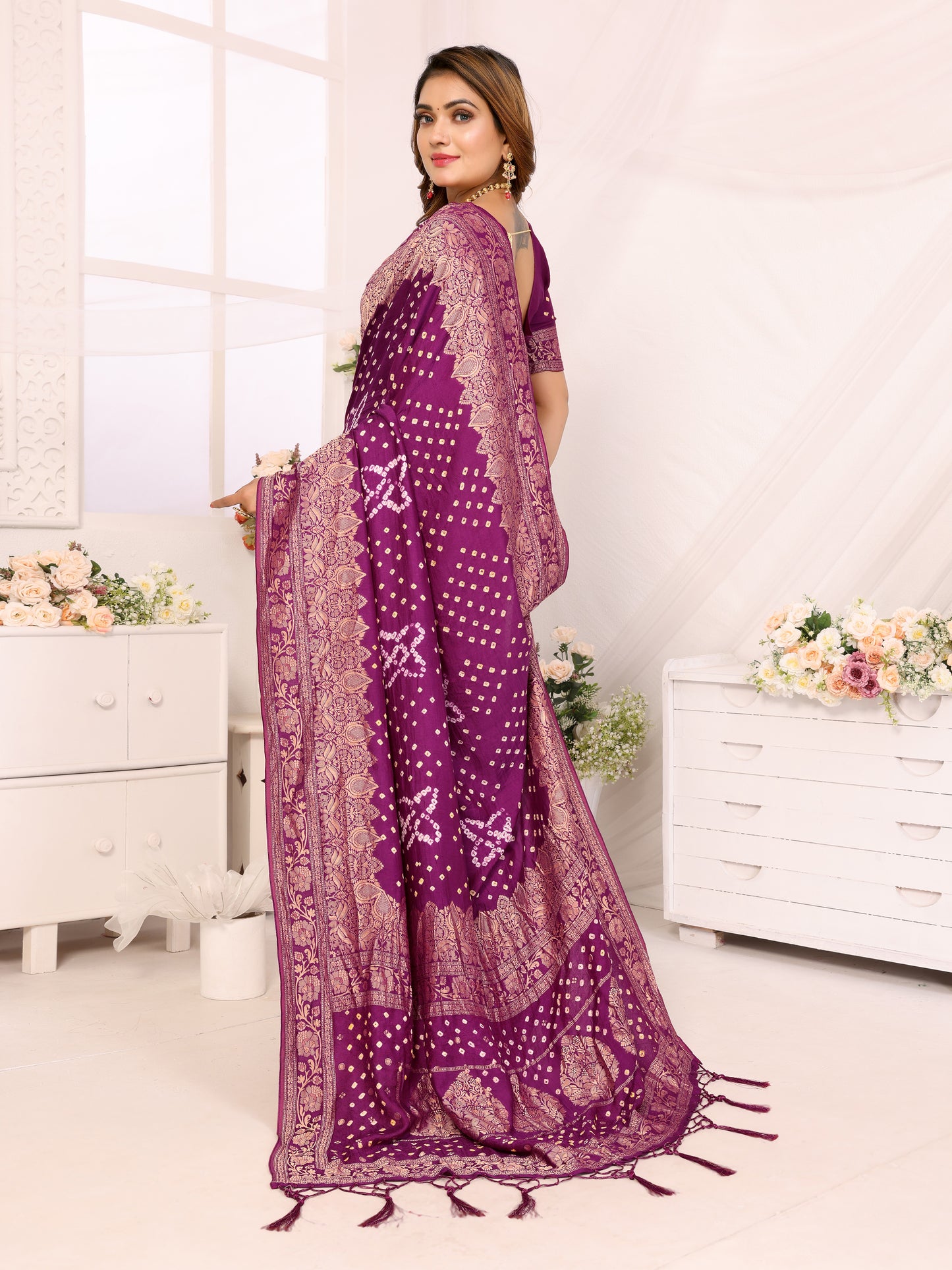 Purple Bandhej Bandhani Misco Gaji Bandhani Saree