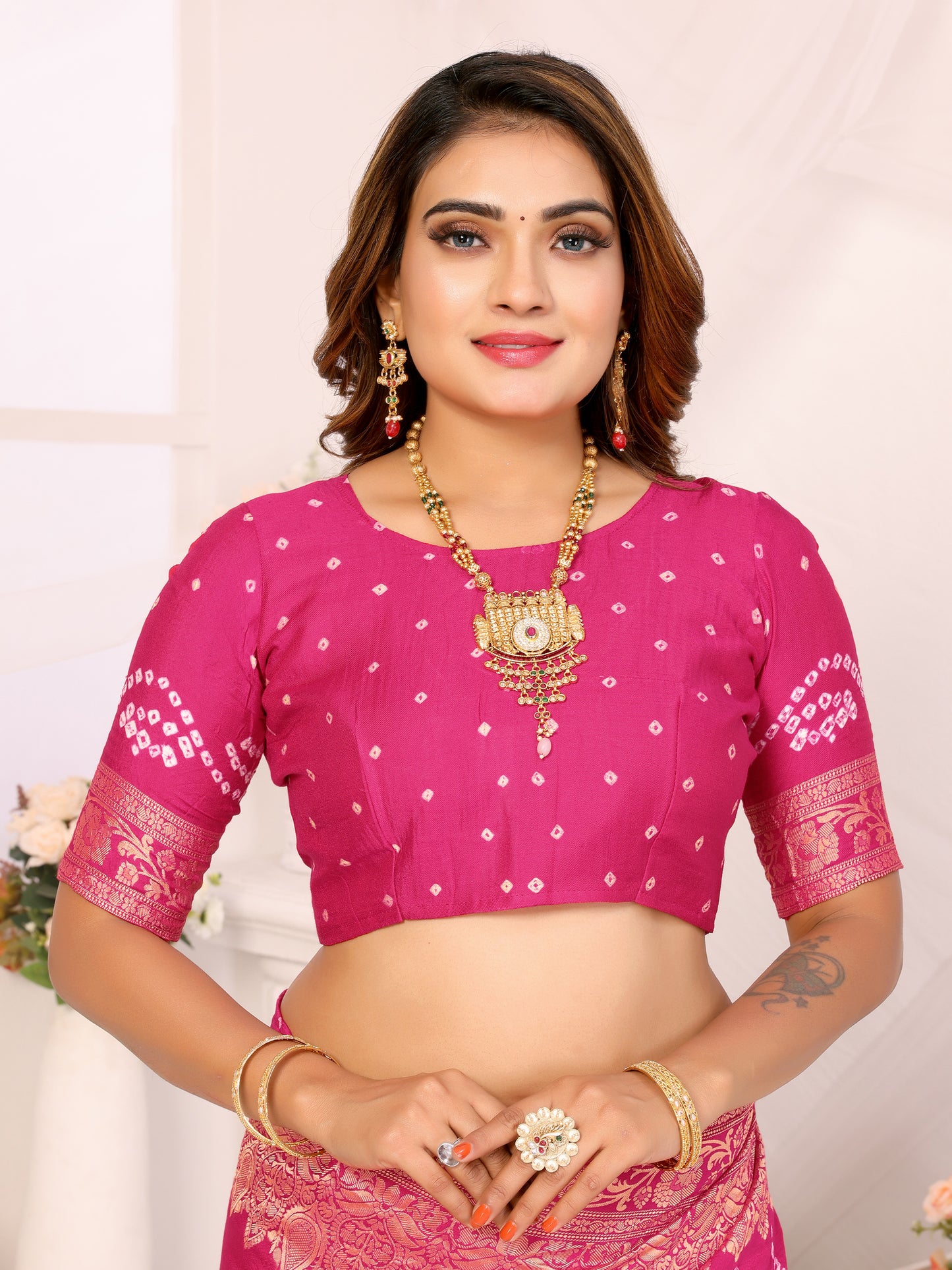 Pink Bandhej Bandhani Misco Gaji Bandhani Saree