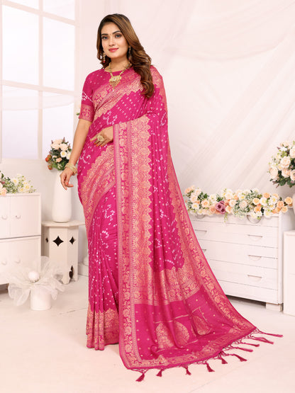 Pink Bandhej Bandhani Misco Gaji Bandhani Saree