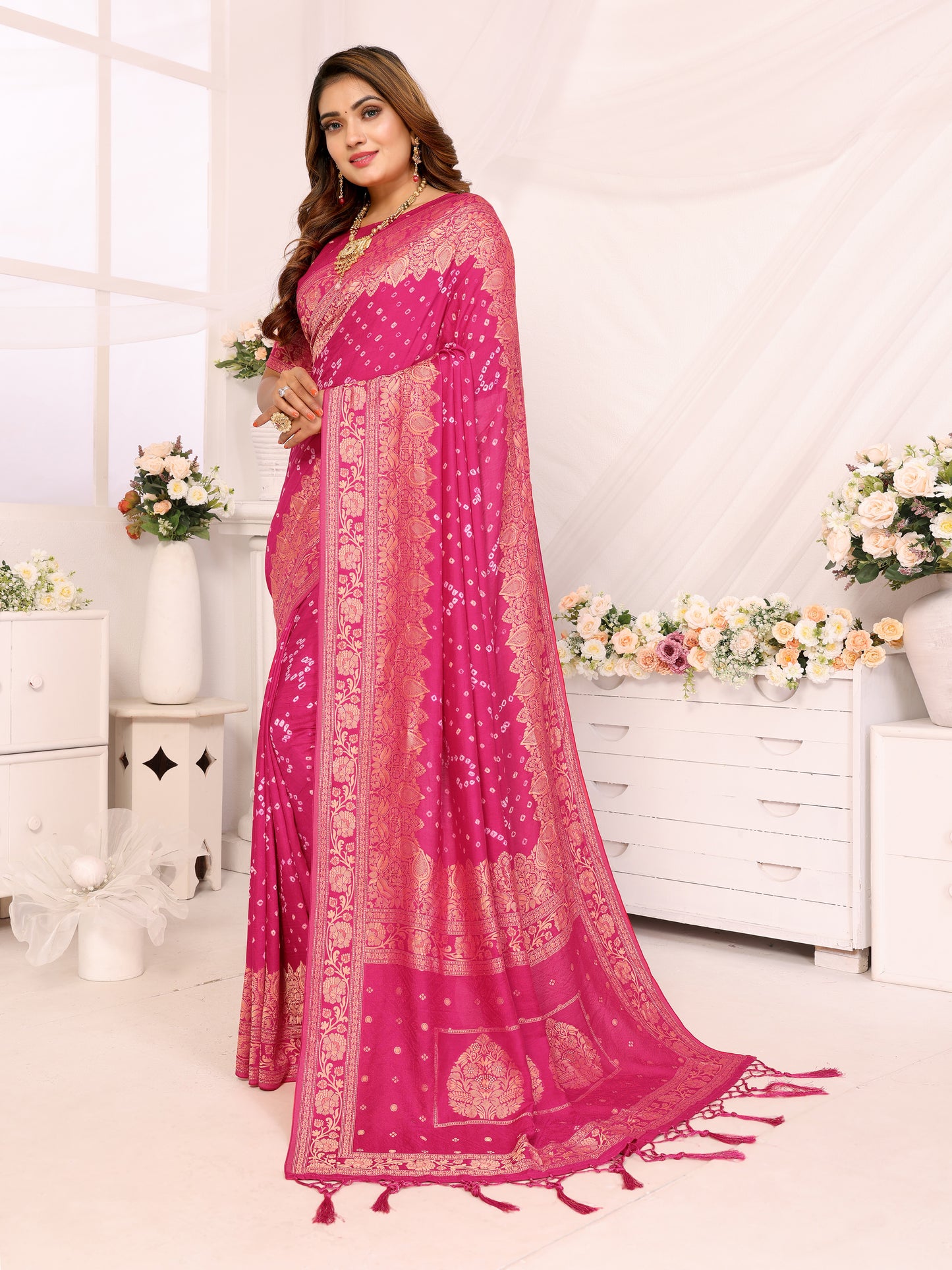 Pink Bandhej Bandhani Misco Gaji Bandhani Saree