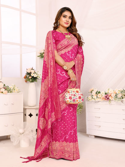 Pink Bandhej Bandhani Misco Gaji Bandhani Saree