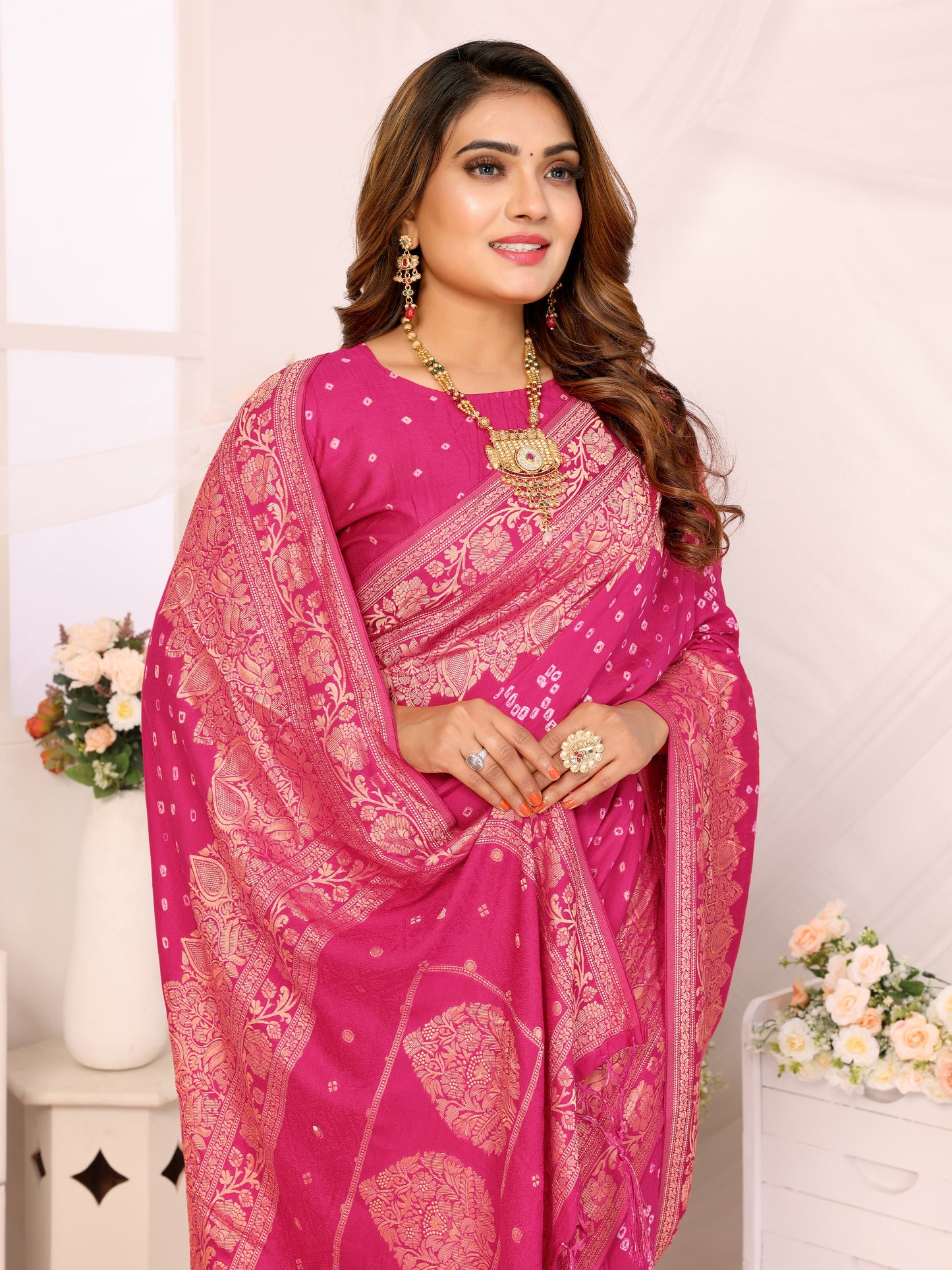 Pink Bandhej Bandhani Misco Gaji Bandhani Saree