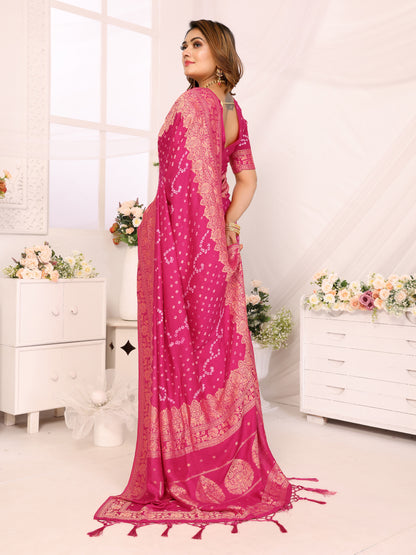 Pink Bandhej Bandhani Misco Gaji Bandhani Saree