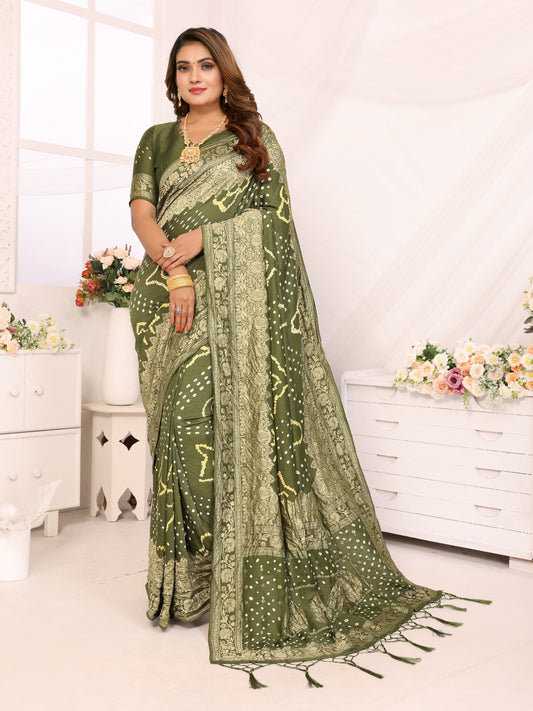 Mehendi Green Bandhej Bandhani Misco Gaji Bandhani Saree