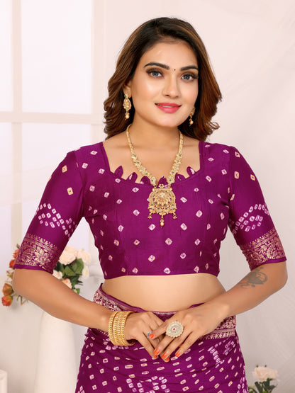 Purple Bandhej Bandhani Misco Gaji Peacock Saree