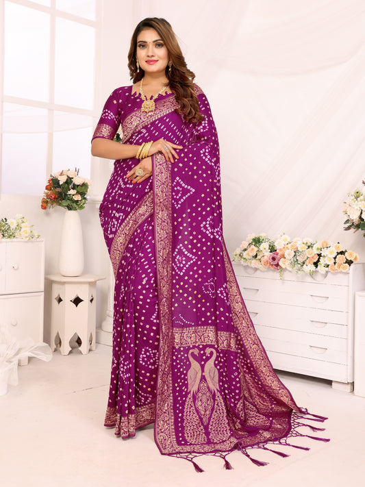 Purple Bandhej Bandhani Misco Gaji Peacock Saree