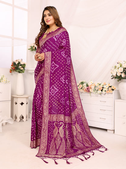 Purple Bandhej Bandhani Misco Gaji Peacock Saree