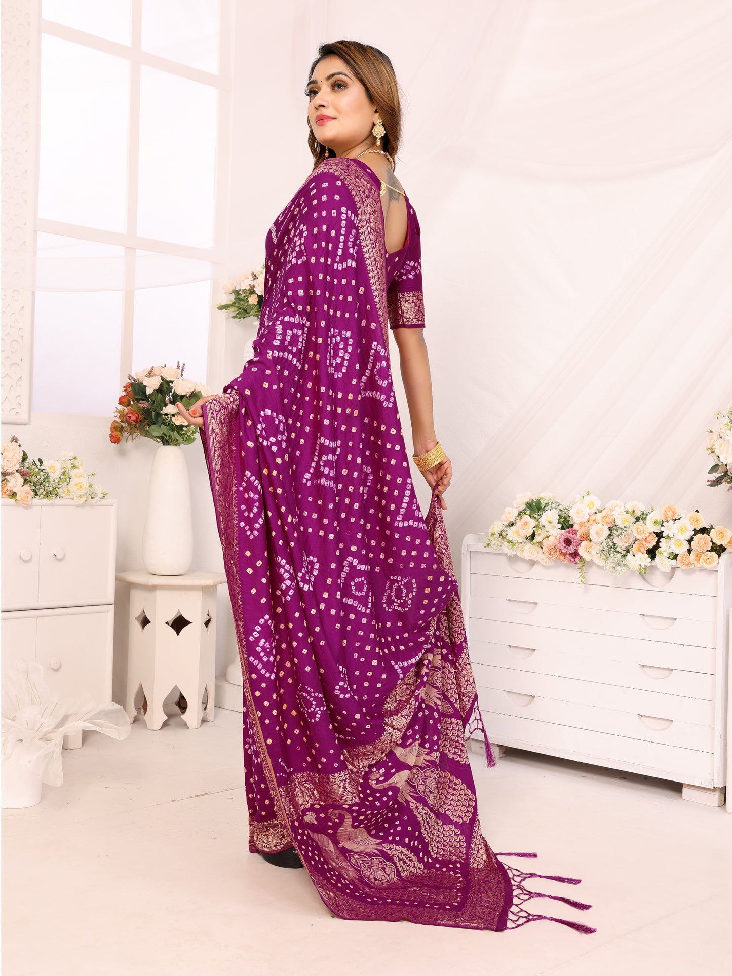 Purple Bandhej Bandhani Misco Gaji Peacock Saree