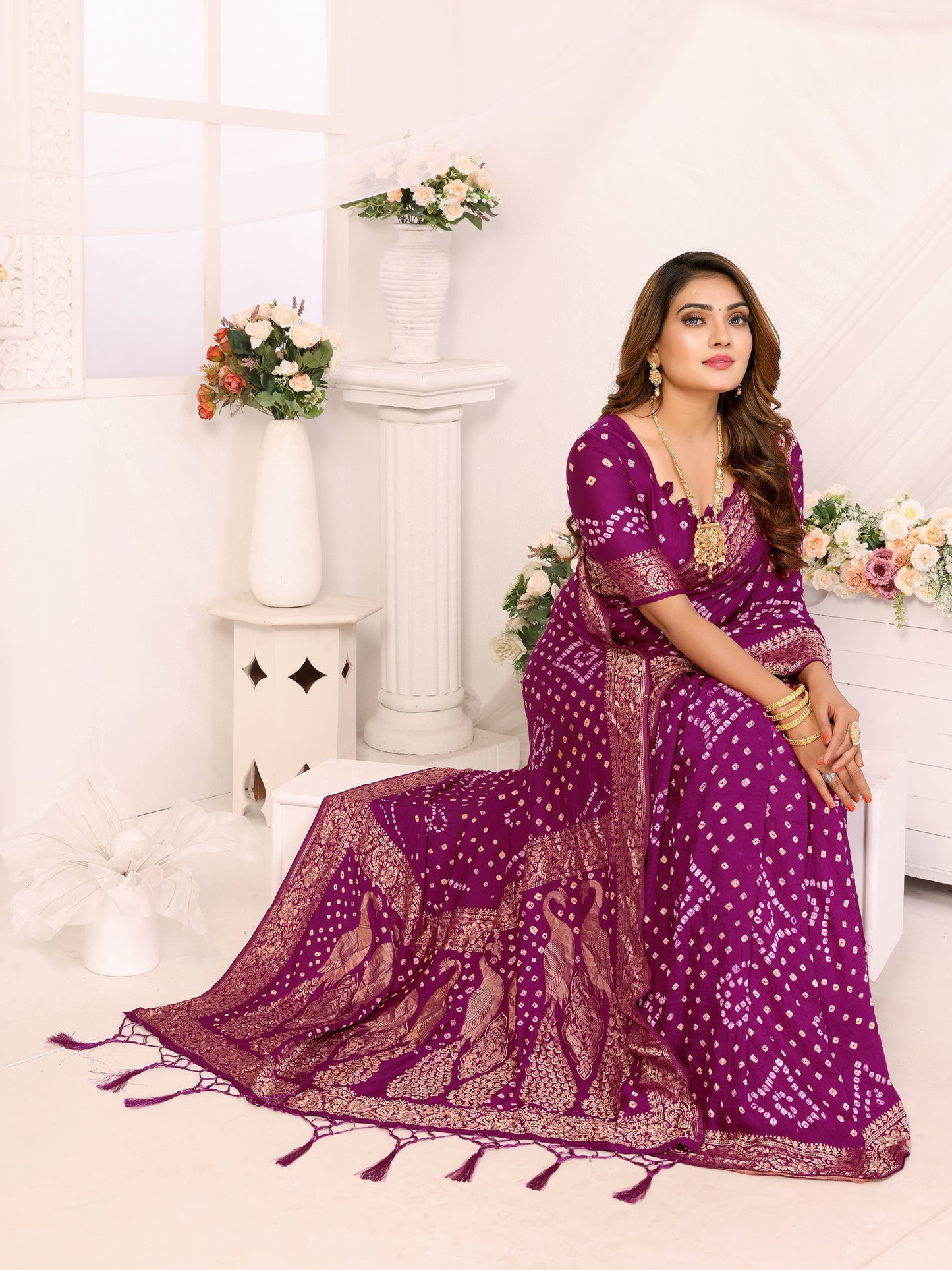 Purple Bandhej Bandhani Misco Gaji Peacock Saree