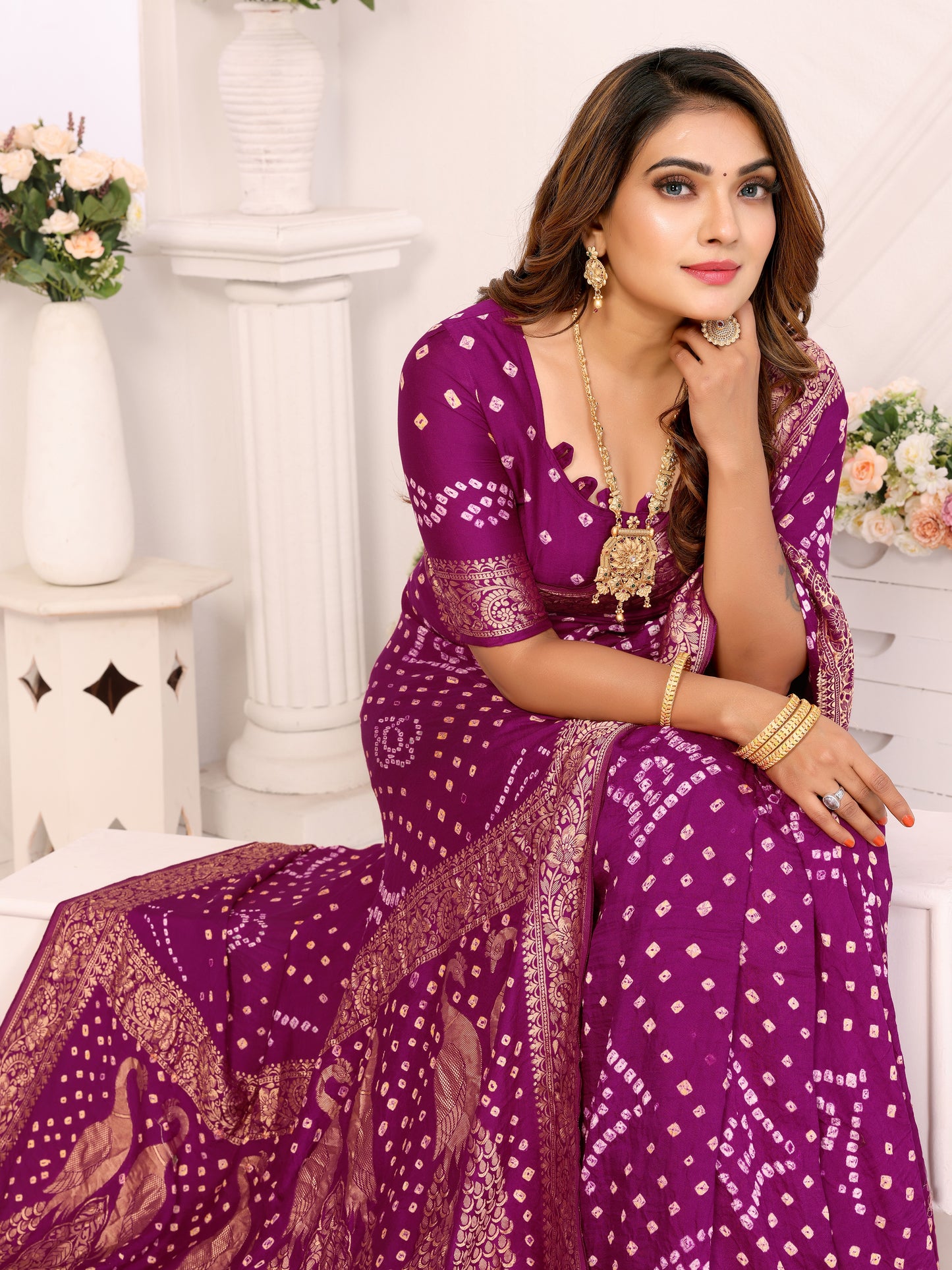 Purple Bandhej Bandhani Misco Gaji Peacock Saree