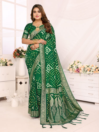 Green Bandhej Bandhani Misco Gaji Peacock Saree