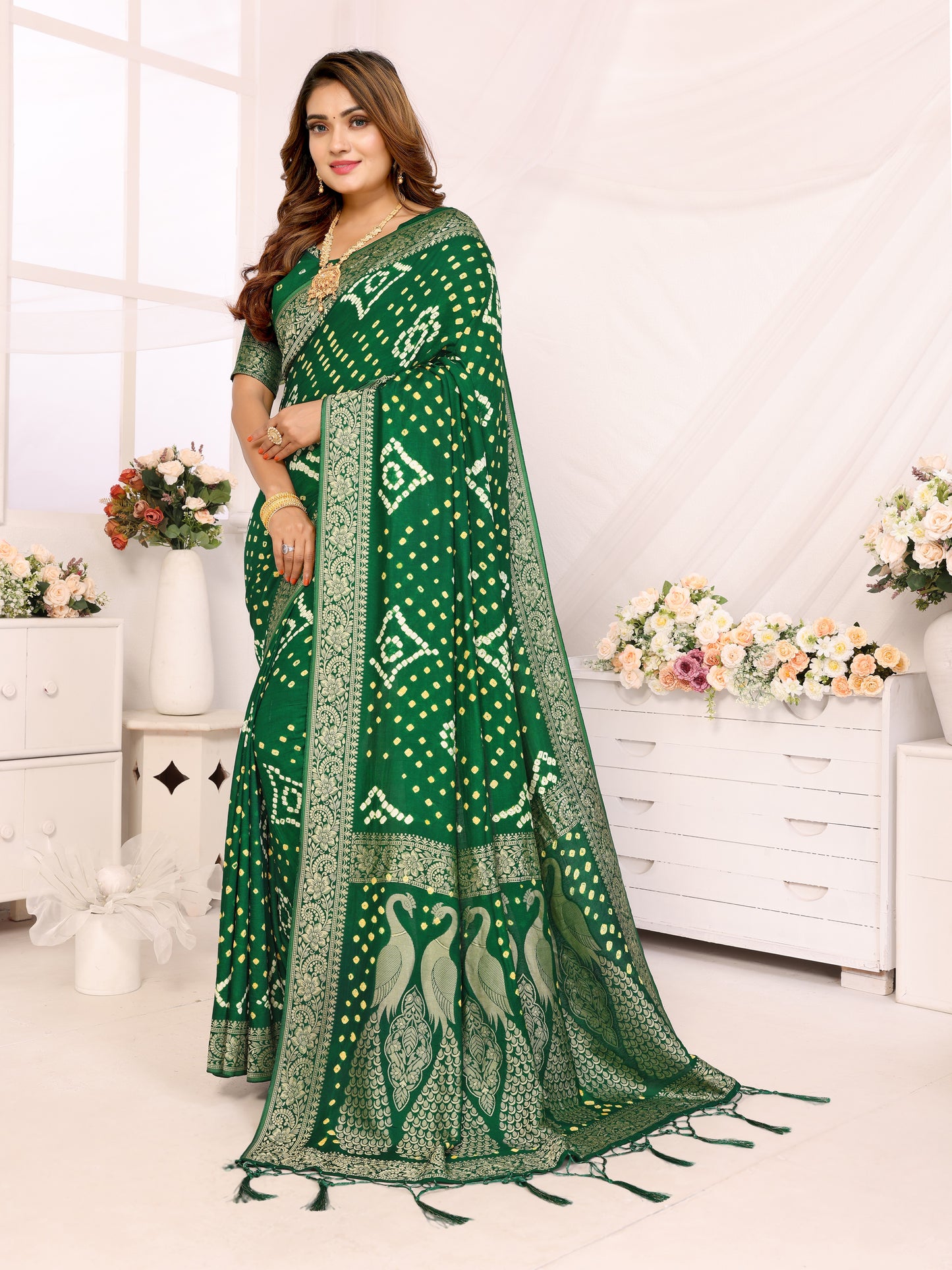 Green Bandhej Bandhani Misco Gaji Peacock Saree