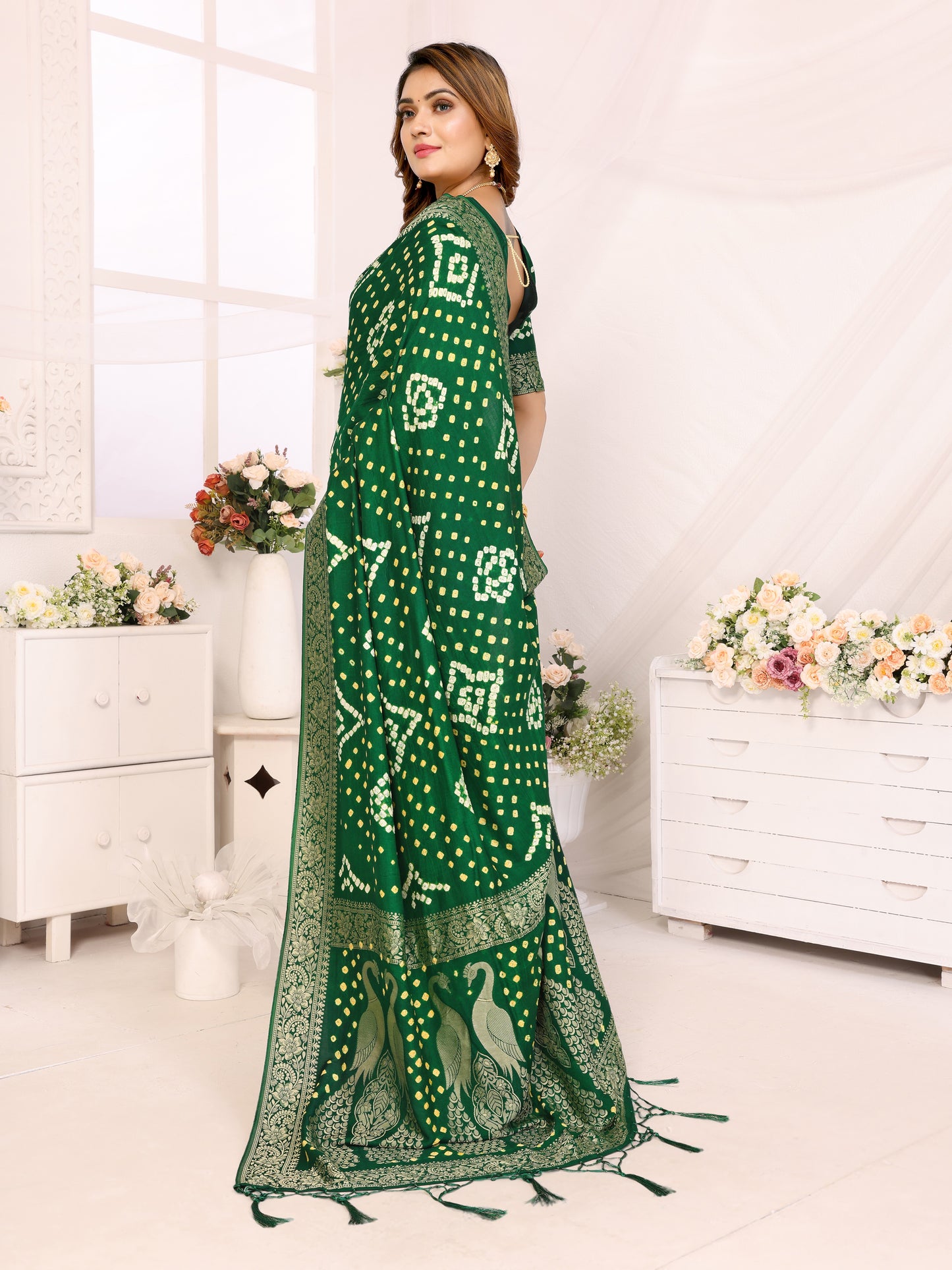 Green Bandhej Bandhani Misco Gaji Peacock Saree